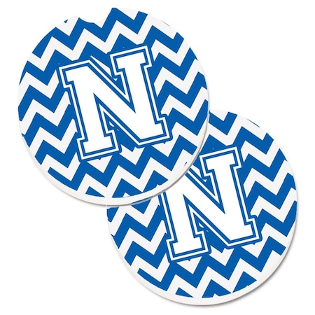 Carolines Treasures Letter N Chevron Blue and White Set of 2 Cup Holder Car Coaster CJ1045-NCARC